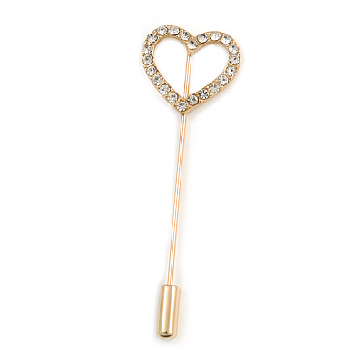 Gold Tone Clear Crystal Open Heart Lapel, Hat, Suit, Tuxedo, Collar, Scarf, Coat Stick Brooch Pin - 60mm L - main view