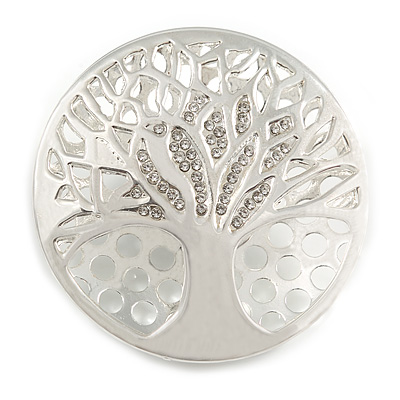 Clear Crystal Tree Of Life Round Magnetic Brooch In Silver Tone - 50mm D - main view
