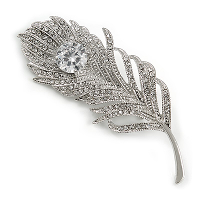 CZ/ Clear Austrian Crystal Peacock Feather Brooch In Silver Tone Metal - 7cm Long