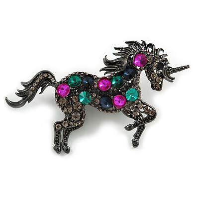 Multicoloured Crystal Unicorn Brooch In Black Tone Metal - 8cm Across