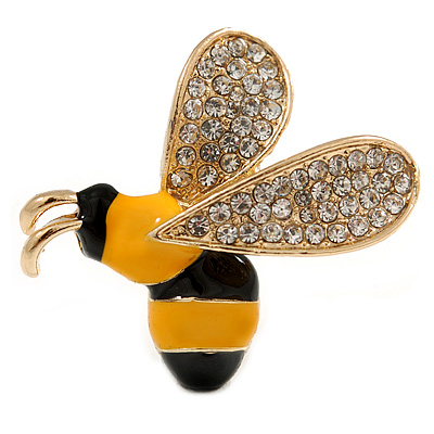 Small Crystal Enamel Bee Brooch In Gold Tone Metal (Black/ Yellow) - 35mm Across - main view
