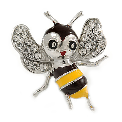 Cute Crystal Enamel Baby Bee Brooch In Silver Tone Metal (Black/ Yellow) - 40mm Tall