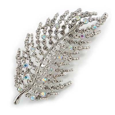 Statement Clear/ Ab Crystal Leaf Brooch In Silver Tone - 70mm Long - main view