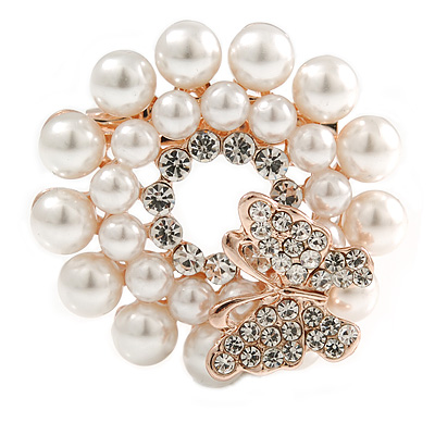 Romantic Cream Faux Pearl Crystal Butterfly Wreath Brooch In Rose Gold Tone - 40mm D - main view