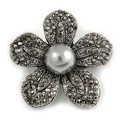 Stunning Hematite Crystal Grey Bead Flower Brooch In Aged Silver Tone Metal - 45mm Diameter - main view