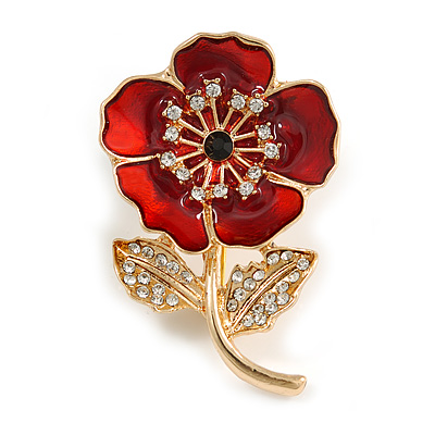 Red Enamel Clear Crystal Poppy Brooch In Gold Tone - 45mm Long - main view