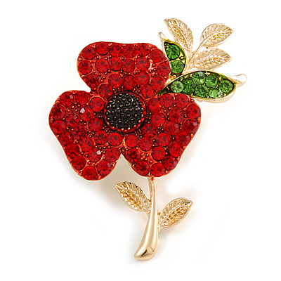 Red/ Green Crystal Poppy Brooch In Gold Tone Metal - 55mm Long - main view