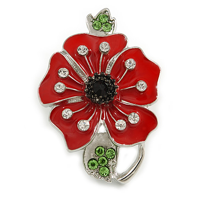 Bright Red Enamel Clear/ Green Crystal Poppy Brooch In Silver Tone Metal - 50mm Long - main view