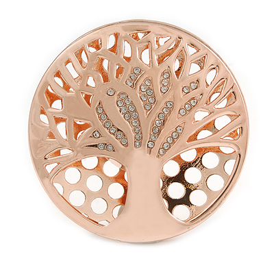 Clear Crystal Tree Of Life Round Magnetic Brooch In Rose Gold Tone - 50mm D - main view