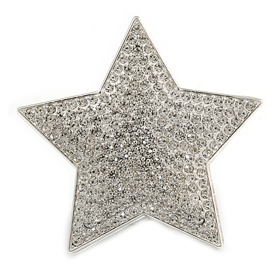 Clear Crystal Star Magnetic Brooch In Silver Tone - 55mm D - main view