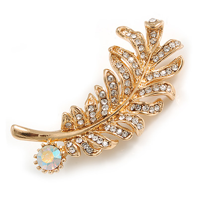 Clear/ AB Crystal Feather Brooch In Gold Tone -  45mm Long - main view
