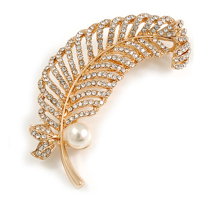 Clear Crystal Feather Brooch In Gold Tone - 65mm Long - main view