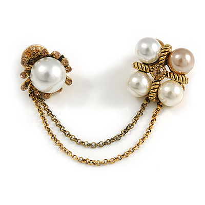 Statement Pearl Crystal Double Flower Chain Brooch In Aged Gold Tone Metal Finish