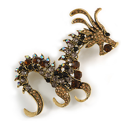Huge Ornate Topaz/ Citrine/ Grey/ Black Crystal Chinese Dragon Brooch in Aged Gold Tone - 100mm Tall