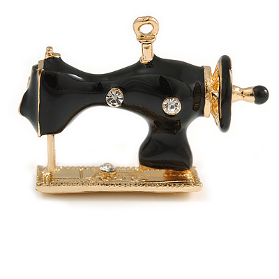 Vintage Inspired Gold Tone Black Enamel Sewing Machine Brooch - 35mm Wide - main view