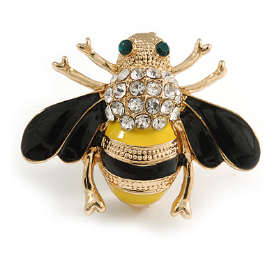 Small Black/ Yellow Enamel Clear Crystal Bee Brooch In Gold Tone - 30mm Across - main view