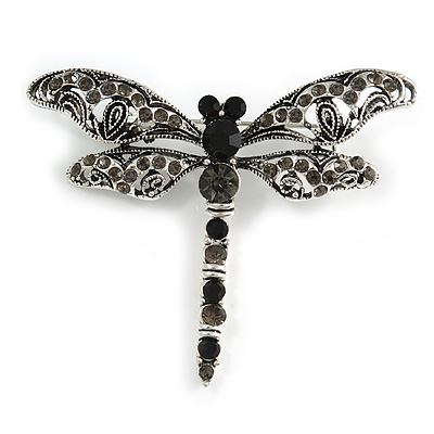 Vintage Inspired Grey Crystal Filigree Dragonfly Brooch with Dangling Tail In Silver Tone - 60mm Wide - main view