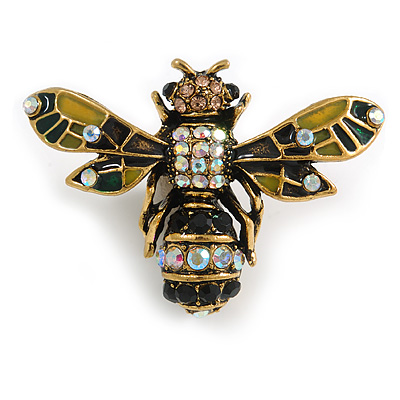 Vintage Inspired Crystal, Enamel Bee Brooch In Gold Tone - 43mm Across