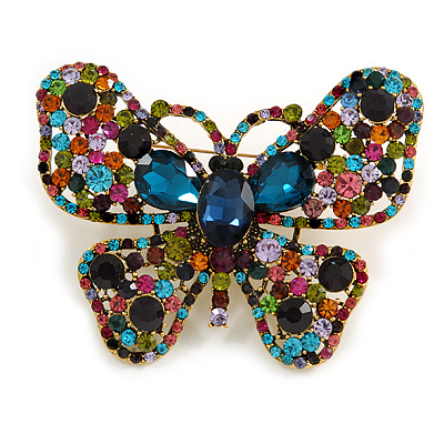 Oversized Multicoloured Glass and Crystal Stone Butterfly Brooch In Aged Gold Tone - 90mm Wide - main view