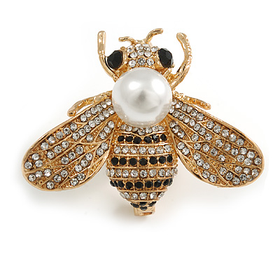 Stunning Clear/ Black Crystal White Glass Pearl Bead Bee In Gold Tone - 40mm Wide - main view