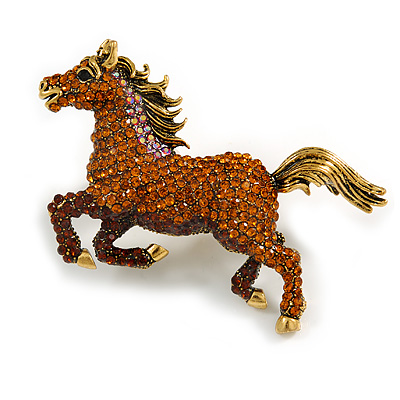 Avalaya Statement Topaz Coloured Crystal Horse Brooch in Aged Gold Tone Metal 75mm Across