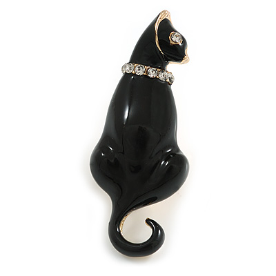 Black Enamel with Crystal Collar Cat Brooch In Gold Tone Metal - 43mm Long - main view