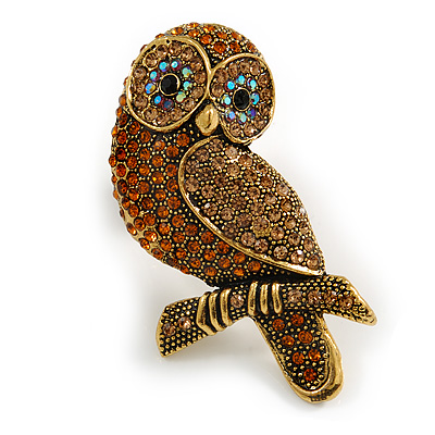 Vintage Inspired Topaz Crystal Owl Brooch In Aged Gold Tone - 70mm Long - main view