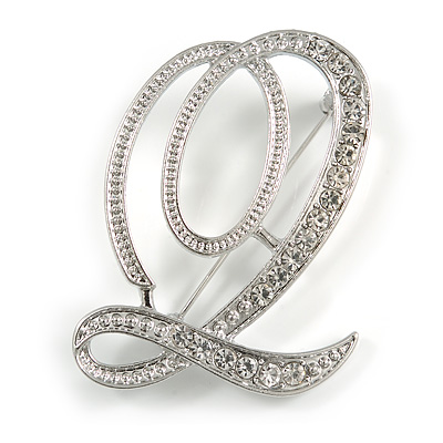 'Q' Rhodium Plated Clear Crystal Letter Q Alphabet Initial Brooch Personalised Jewellery Gift - 45mm Tall - main view