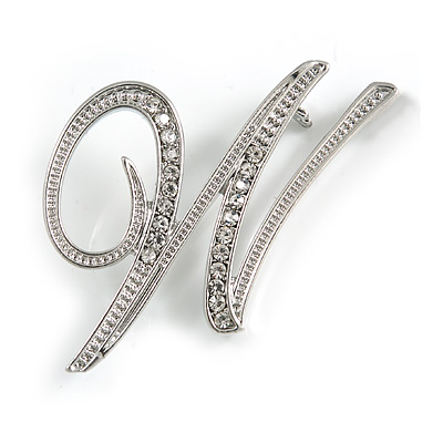 'W' Rhodium Plated Clear Crystal Letter W Alphabet Initial Brooch Personalised Jewellery Gift - 35mm Tall - main view
