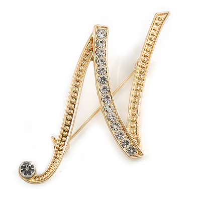 'N' Gold Plated Clear Crystal Letter N Alphabet Initial Brooch Personalised Jewellery Gift - 40mm Tall - main view