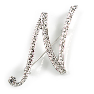 'N' Rhodium Plated Clear Crystal Letter N Alphabet Initial Brooch Personalised Jewellery Gift - 40mm Tall - main view