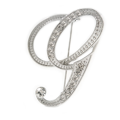 'G' Rhodium Plated Clear Crystal Letter G Alphabet Initial Brooch Personalised Jewellery Gift - 50mm Tall - main view