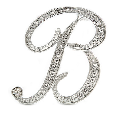 'B' Rhodium Plated Clear Crystal Letter B Alphabet Initial Brooch Personalised Jewellery Gift - 45mm Tall - main view