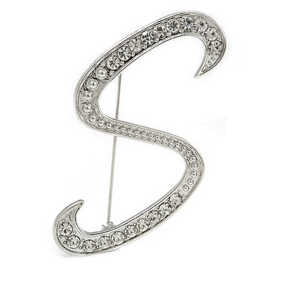 'S' Rhodium Plated Clear Crystal Letter S Alphabet Initial Brooch Personalised Jewellery Gift - 45mm Tall - main view