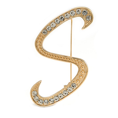'S' Gold Plated Clear Crystal Letter S Alphabet Initial Brooch Personalised Jewellery Gift - 45mm Tall