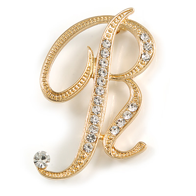 'R' Gold Plated Clear Crystal Letter R Alphabet Initial Brooch Personalised Jewellery Gift - 45mm Tall - main view