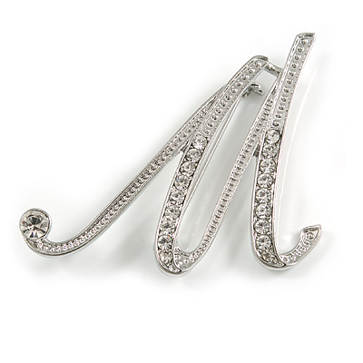 'M' Rhodium Plated Clear Crystal Letter M Alphabet Initial Brooch Personalised Jewellery Gift - 40mm Tall - main view