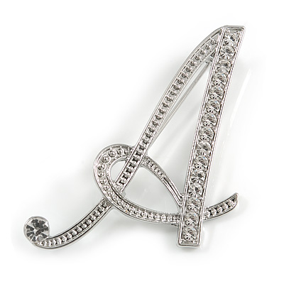 'A' Rhodium Plated Clear Crystal Letter A Alphabet Initial Brooch Personalised Jewellery Gift - 45mm Tall - main view