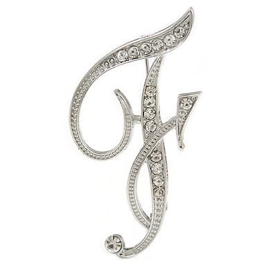 'F' Rhodium Plated Clear Crystal Letter F Alphabet Initial Brooch Personalised Jewellery Gift - 50mm Tall