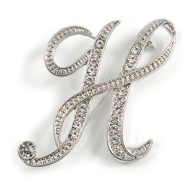 'H' Rhodium Plated Clear Crystal Letter H Alphabet Initial Brooch Personalised Jewellery Gift - 43mm Tall