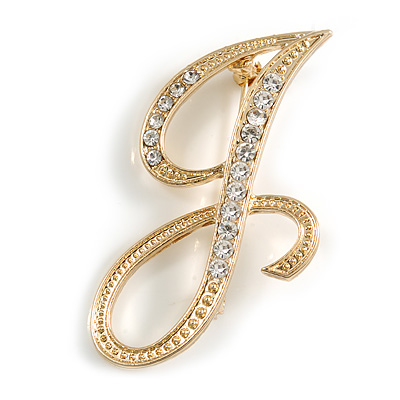 'J' Gold Plated Clear Crystal Letter J Alphabet Initial Brooch Personalised Jewellery Gift - 45mm Tall - main view