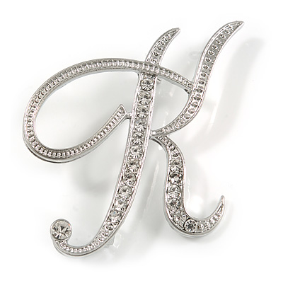 'K' Rhodium Plated Clear Crystal Letter K Alphabet Initial Brooch Personalised Jewellery Gift - 50mm Tall - main view