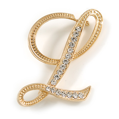 'L' Gold Plated Clear Crystal Letter L Alphabet Initial Brooch Personalised Jewellery Gift - 45mm Tall - main view