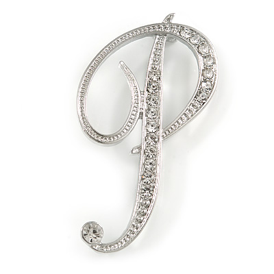 'P' Rhodium Plated Clear Crystal Letter P Alphabet Initial Brooch Personalised Jewellery Gift - 50mm Tall - main view