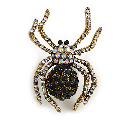 Vintage Inspired Black/ Clear/ Ab Crystal Spider Brooch In Aged Gold Tone Metal - 50mm Tall