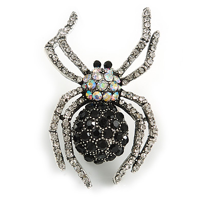 Vintage Inspired Black/ Clear/ Ab Crystal Spider Brooch In Aged Silver Tone Metal - 50mm Tall