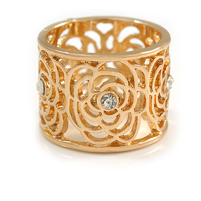 Fancy Women's Scarf Ring Clip Slide in Gold Tone Metal with Rose Flower Motif - 17mm Tall