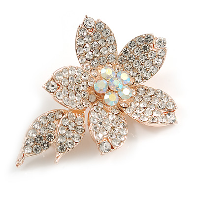 Clear/ AB Crystal Flower Brooch In Rose Gold Tone Metal - 45mm Across - main view
