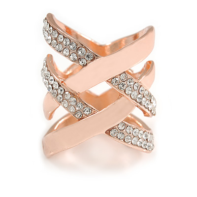 Fancy Women's Clear Crystal Scarf Ring Clip Slide in Rose Gold Tone Metal - 30mm Tall - main view