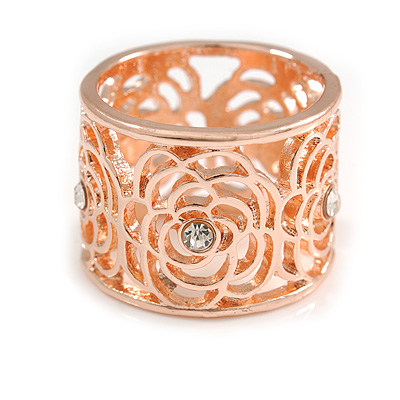 Fancy Women's Scarf Ring Clip Slide in Rose Gold Tone Metal with Rose Flower Motif - 17mm Tall - main view